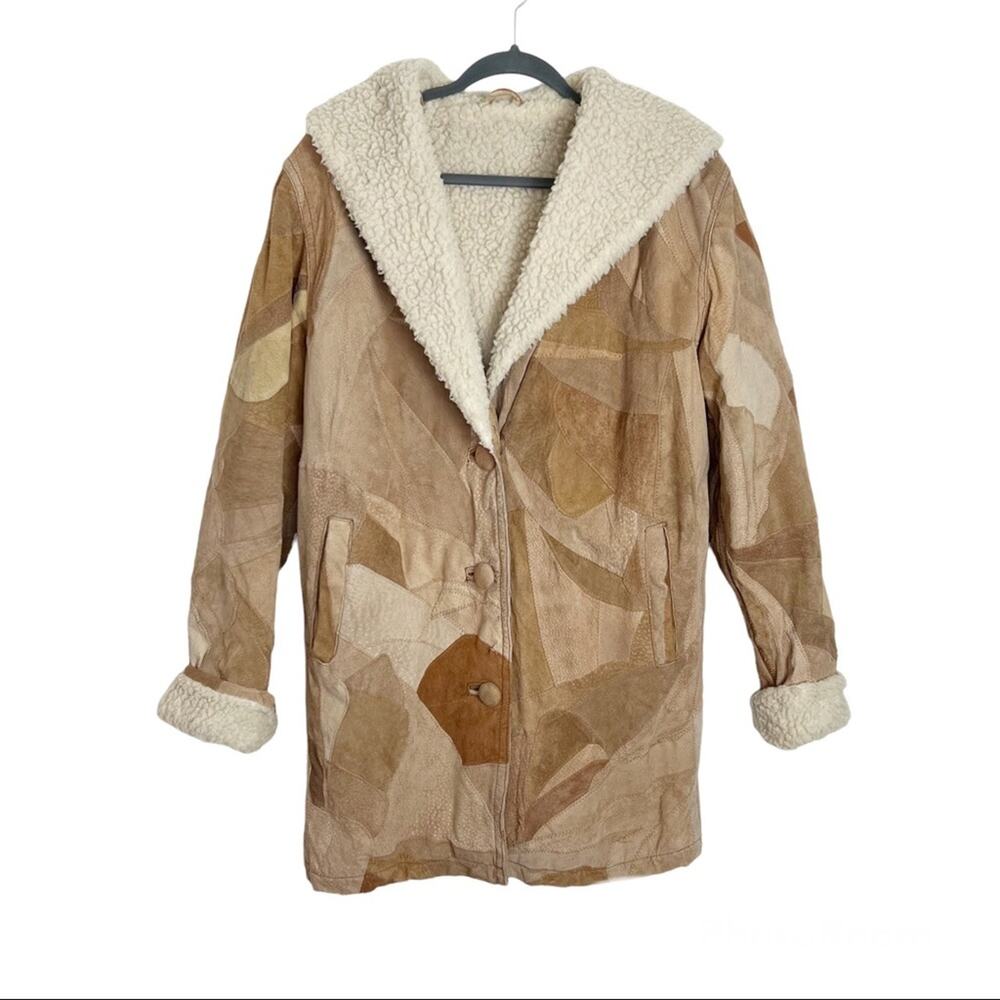 Retro Patchwork Leather Jacket Faux Sherpa Lined Medium